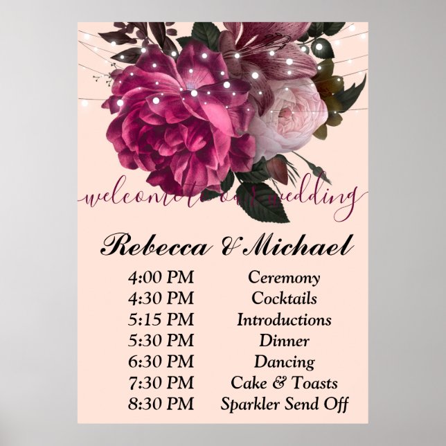 Burgundy Floral Rustic string ligOrder of Events   Poster (Front)