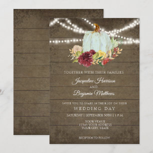 Burgundy Floral Rustic Twinkle Wood w Blue Pumpkin Invitation
