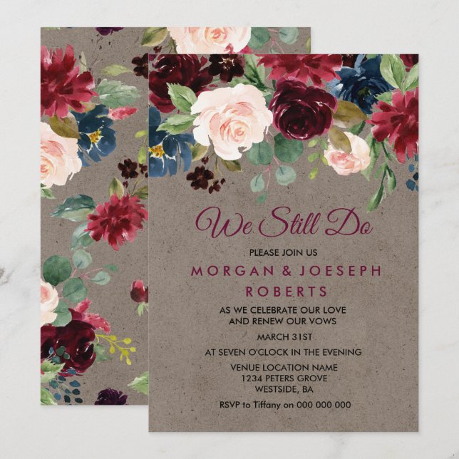 Burgundy Floral Rustic Vow Renewal We Still Do Invitation (Front/Back)
