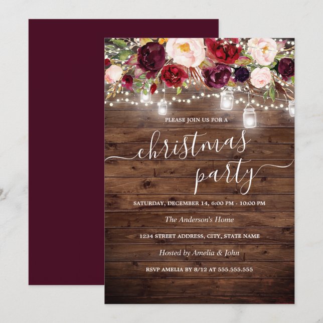 Burgundy Floral Rustic Wood Christmas Party Invite (Front/Back)