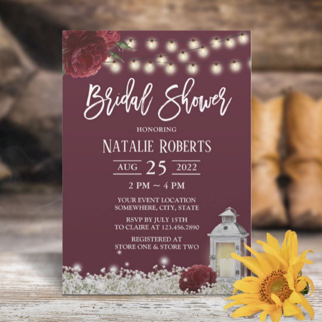 Burgundy Floral Rustic Wood Lantern Bridal Shower Invitation (Creator Uploaded)