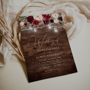 Burgundy Floral Rustic Wood Wedding Invitation