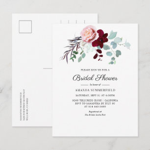 Burgundy Floral Script Eucalyptus Bridal Shower Invitation Postcard
