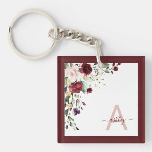 Burgundy Floral Script Monogram Initial Name Keychain