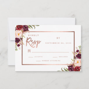Burgundy Floral Script Rose Gold Wedding RSVP Card