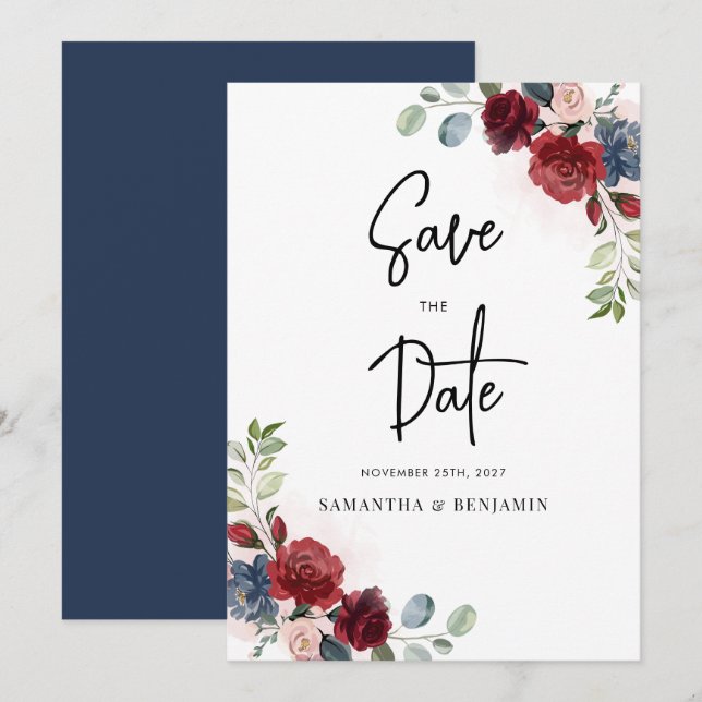 Burgundy Floral Script Wedding Save The Date (Front/Back)