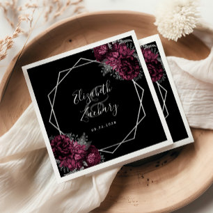 Burgundy Floral Silver Geometric Black Wedding Napkin