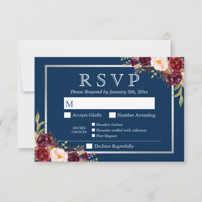 Burgundy Floral Silver Navy Blue Meal Options RSVP Card (Front)