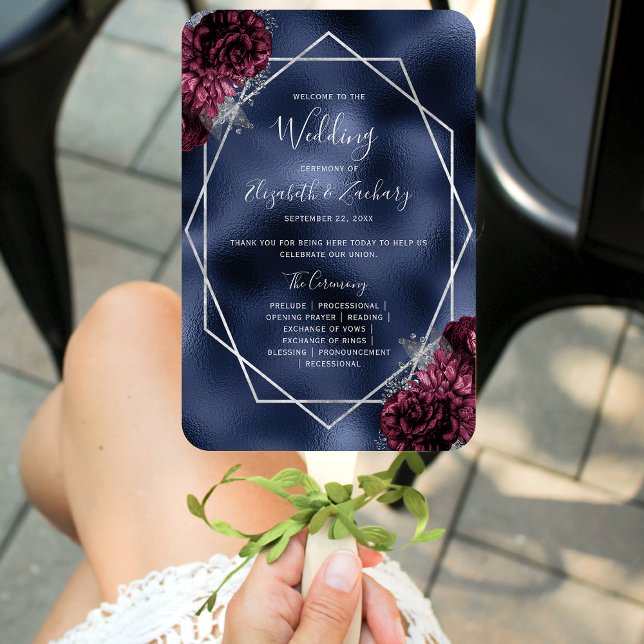 Burgundy Floral Silver Navy Foil Wedding Program Hand Fan (Creator Uploaded)