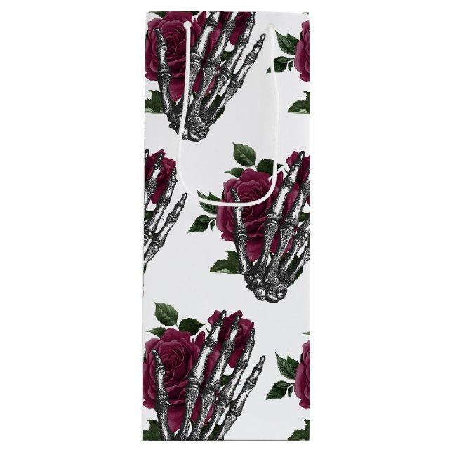 Burgundy Floral Skeleton Gothic Halloween Wedding Wine Gift Bag (Front)