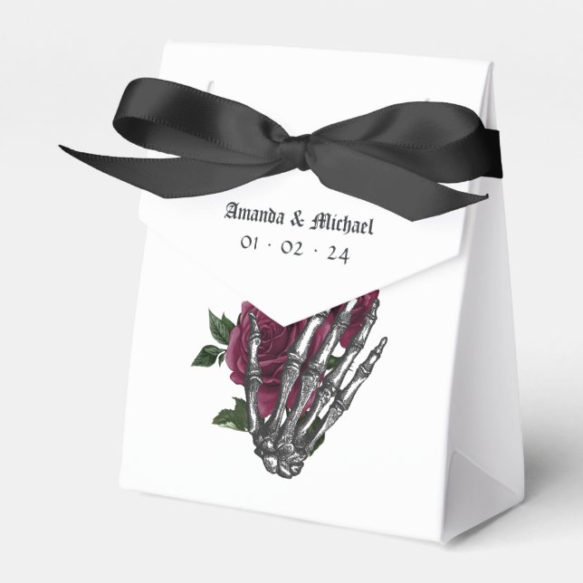 Burgundy Floral Skeleton Gothic Wedding Favor Box (Front Side)