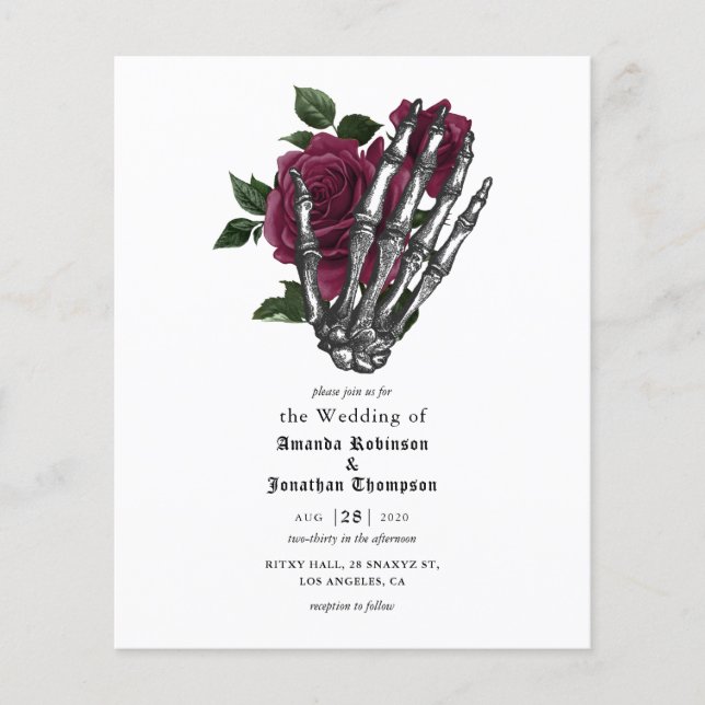 Burgundy Floral Skeleton Gothic Wedding Invitation Flyer (Front)