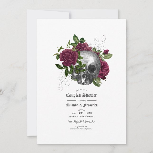 Burgundy Floral Skull Gothic Couples Shower Invitation (Front)