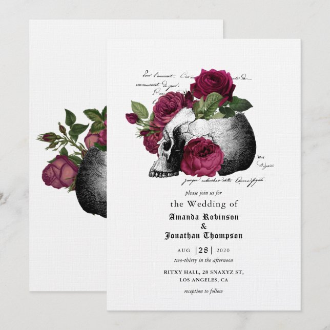 Burgundy Floral Skull Halloween Gothic Wedding Inv Invitation (Front/Back)