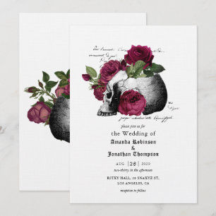 Burgundy Floral Skull Halloween Gothic Wedding Inv Invitation
