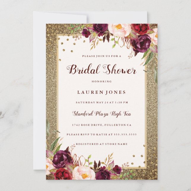 Burgundy floral Sparkle Gold Bridal Shower Invitation (Front)