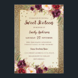 Burgundy floral Sparkle Gold Sweet Sixteen Invite<br><div class="desc">More Floral Sweet Sixteen Invitations in the Little Bayleigh Store!</div>