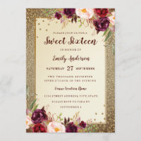 Burgundy floral Sparkle Gold Sweet Sixteen Invite