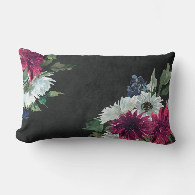 Burgundy Floral Splash on Distressed Black Lumbar Pillow (Front)