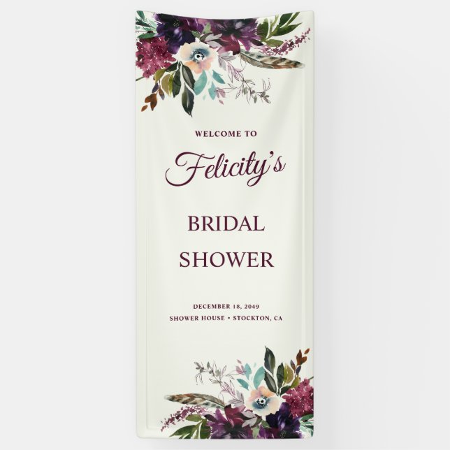 Burgundy Floral Splendour Ecru Bridal Shower Banner (Vertical)