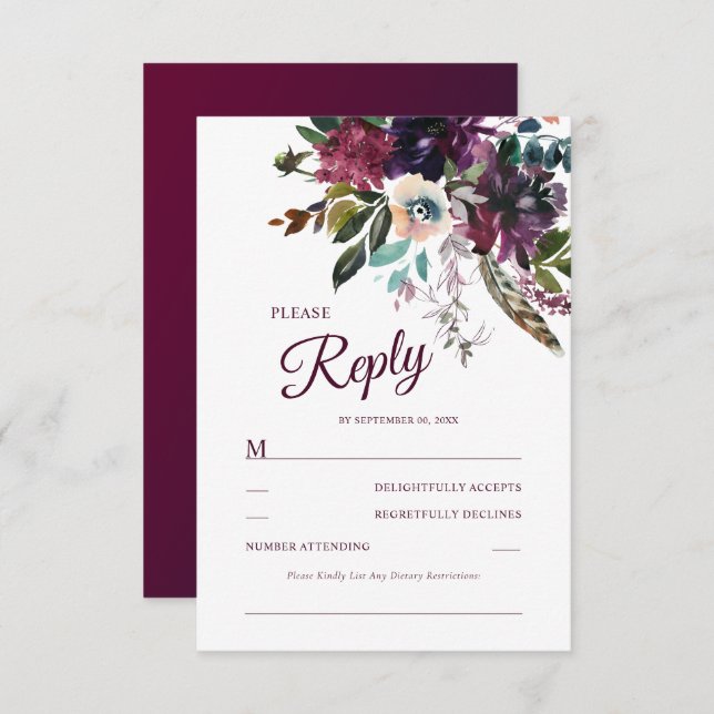 Burgundy Floral Splendour Watercolor RSVP Card (Front/Back)