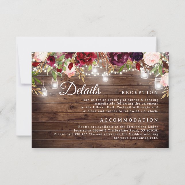 Burgundy Floral String Lights Wedding Details Card (Front)