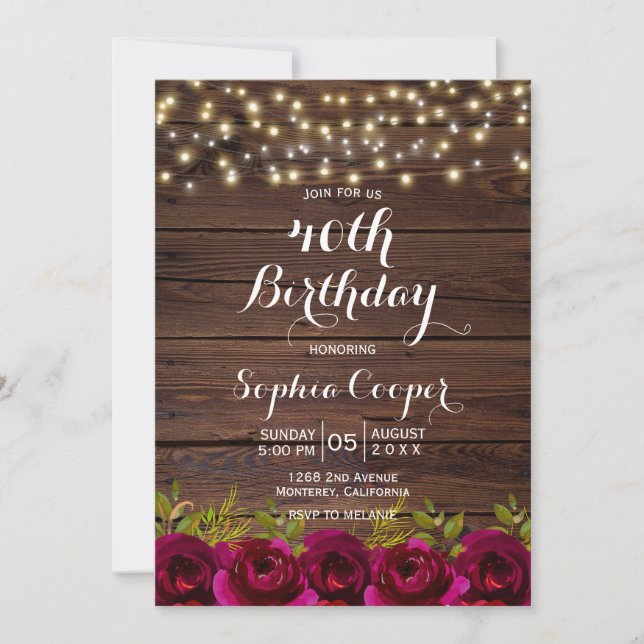Burgundy Floral String Lights Wood 40th Birthday Invitation (Front)