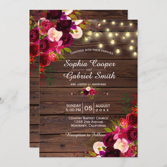 Burgundy Floral | String Lights Wood Wedding Invitation (Front/Back)