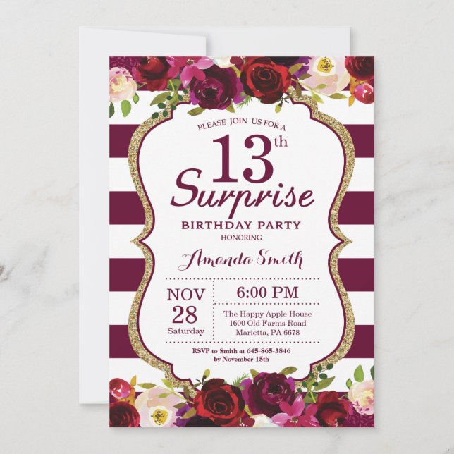 Burgundy Floral Surprise 13th Birthday Party Invitation (Front)