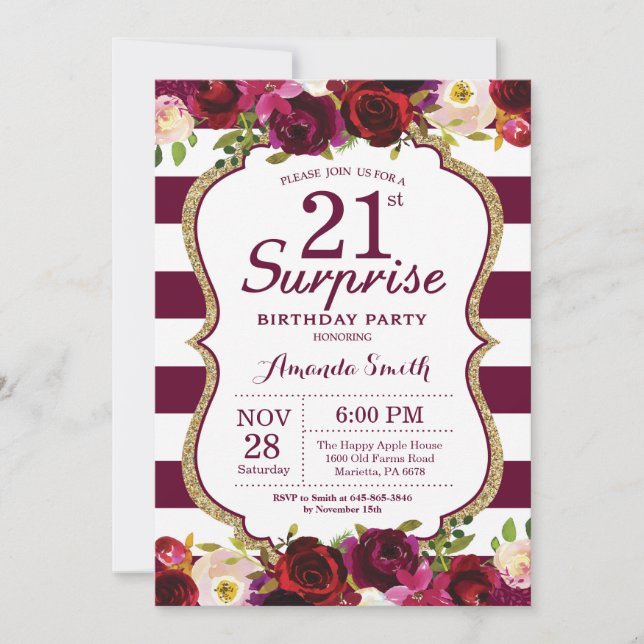 Burgundy Floral Surprise 21st Birthday Party Invitation (Front)