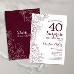 Burgundy Floral Surprise 40th Birthday Party Invitation<br><div class="desc">Burgundy and white floral surprise 40th birthday party invitation. Elegant modern marsala wine maroon design featuring botanical accents and typography script font. Simple floral invite card perfect for a stylish female surprise bday celebration. Can be customized to any age. Printed Zazzle invitations or instant download digital printable template.</div>