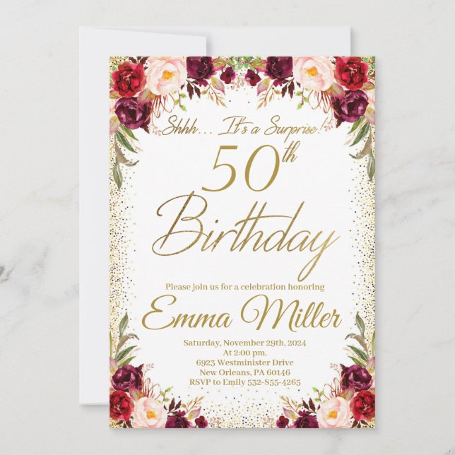 Burgundy Floral Surprise 50th Birthday Invitation (Front)