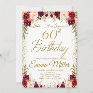 Burgundy Floral Surprise 60th Birthday Invitation