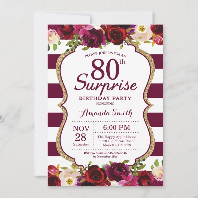 Burgundy Floral Surprise 80th Birthday Party Invitation (Front)
