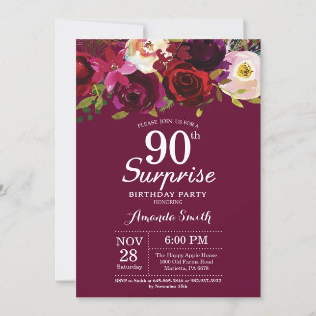 Burgundy Floral Surprise 90th Birthday Party Invitation (Front)