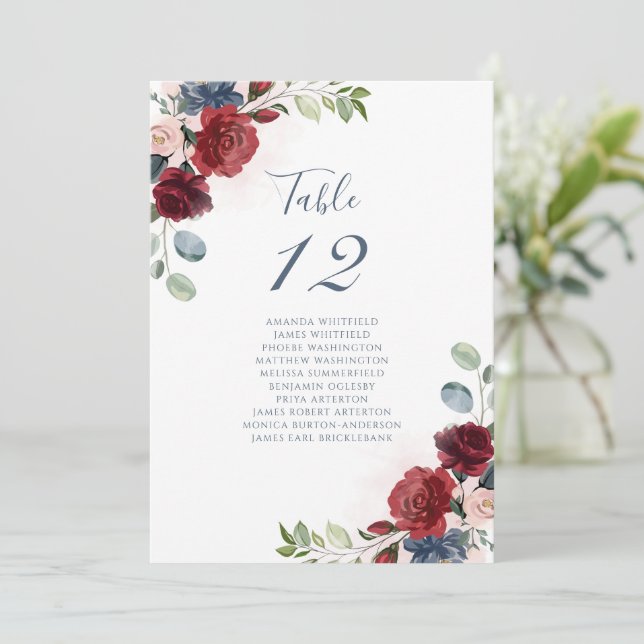 Burgundy Floral Table Number 12 Seating Chart (Standing Front)