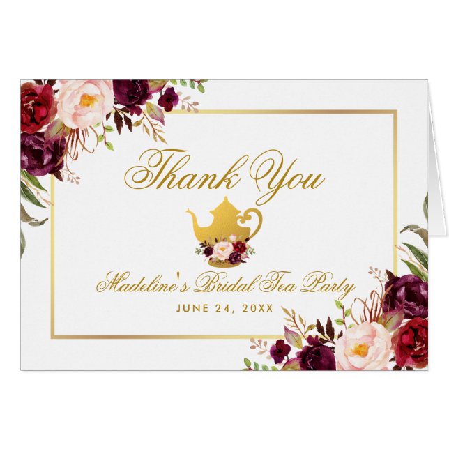 Burgundy Floral Tea Party Merci note (Devant Horizontal)