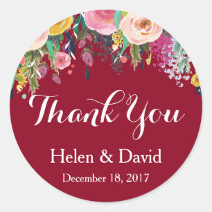 Burgundy Floral Thank You Wedding Favour Stickers