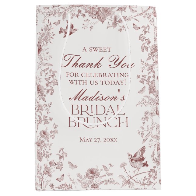 Burgundy Floral Toile De Jouy Bridal Brunch Favour Medium Gift Bag (Front)