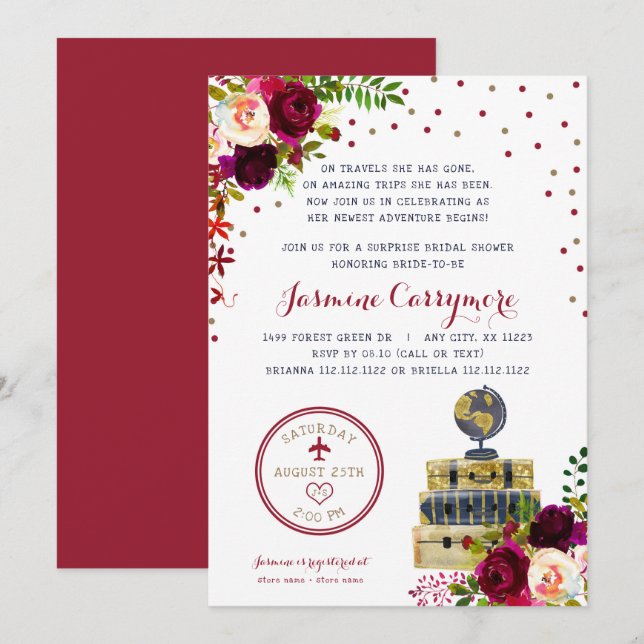 Burgundy Floral Travel bridal shower invitation (Front/Back)