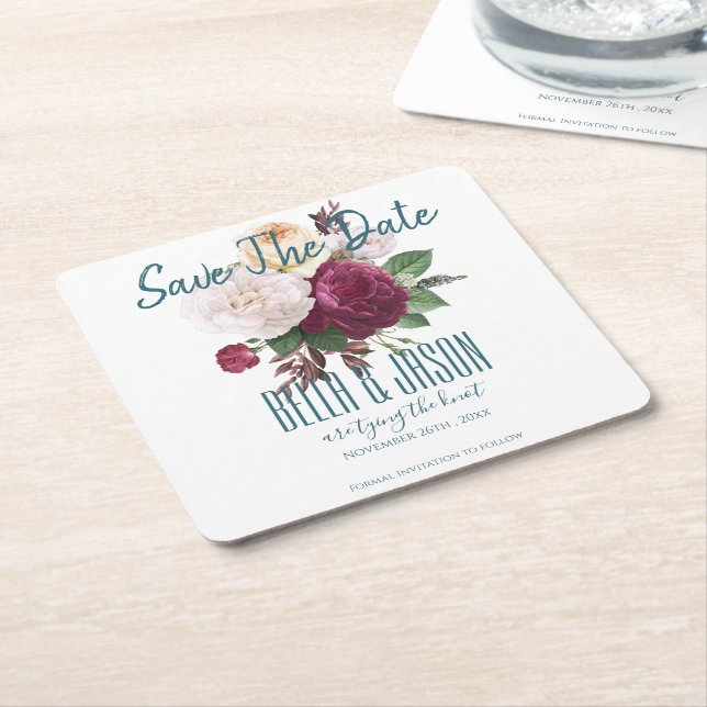 Burgundy Floral Tying The Knot Save The Date Square Paper Coaster (Angled)