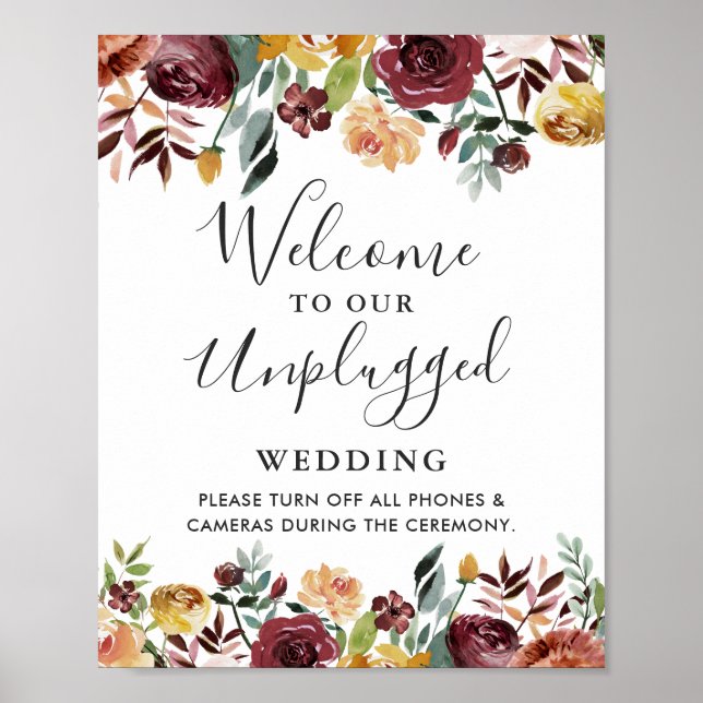Burgundy Floral Unplugged Wedding Ceremony Sign (Front)