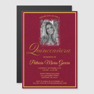 Burgundy floral vines photo quinceanera magnetic invitation