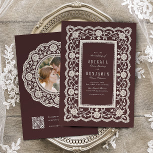 Burgundy Floral Vintage Lace Classic Wedding Invitation