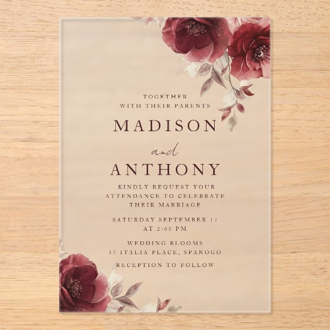 Burgundy Floral Vintage Rose Wedding Acrylic Invitations (Front)