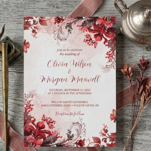 Burgundy Floral Watercolor Blush Romantic Wedding Invitation