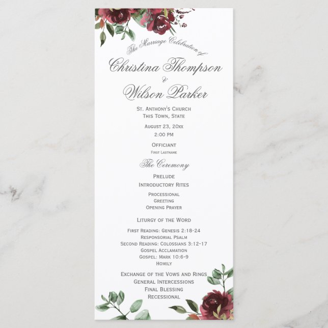 Burgundy Floral Watercolor Bouquet Wedding Program (Front)