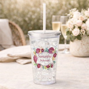 Burgundy Floral Watercolor Bridesmaid Acrylic Tumbler