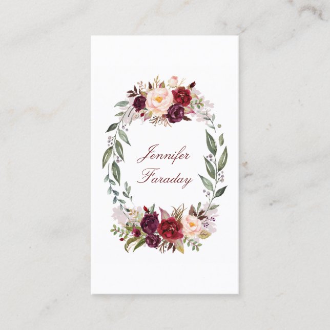 Burgundy Floral Watercolor Business Card (Front)