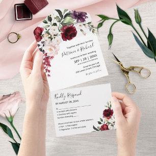Burgundy Floral Watercolor Elegant Wedding All In One Invitation